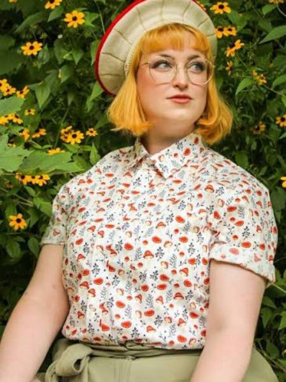Carmico White and Red Mushroom Button-up Dress Shirt